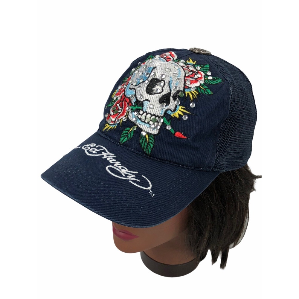 Don Ed Hardy Womens SnapBack Blue Embroidered Cotton Nylon Skull Roses Rare
